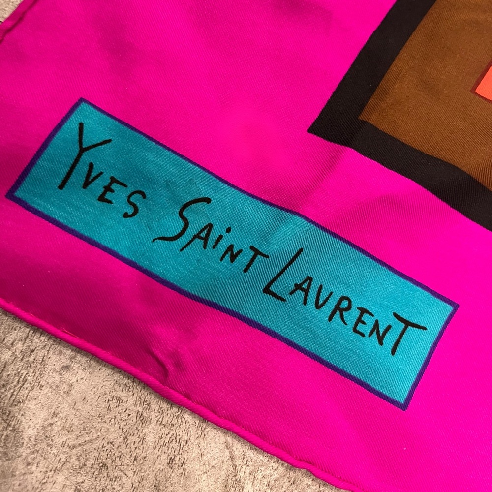 Vintage 70’s YSL Yves Saint Laurent Fuchsia and Turquoise Silk Scarf France